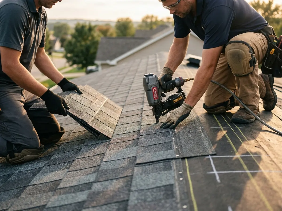 Professional roofer working on a residential roof in Mesa